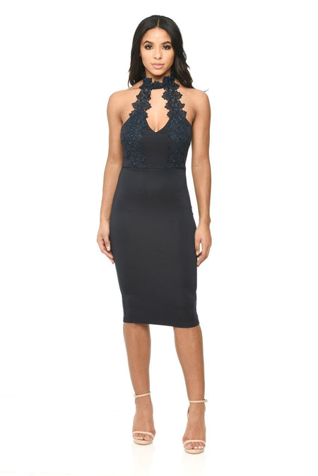 Navy Halterneck Choker Dress With Lace Detail