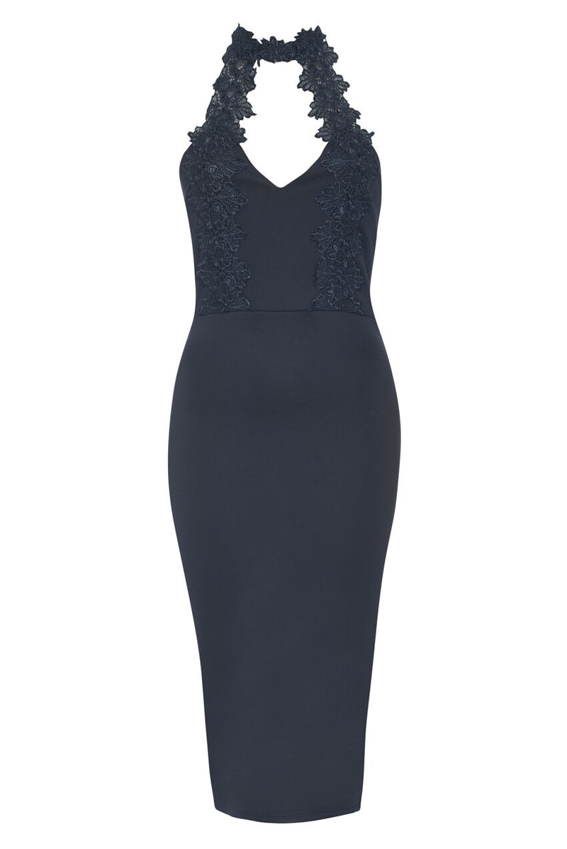 Navy Halterneck Choker Dress With Lace Detail