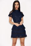 Navy High Neck Lace Layer Frill Mini Dress