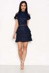 Navy High Neck Lace Layer Frill Mini Dress