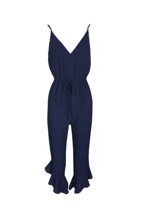 Navy High Waisted Jumpsuit With Frill Hem