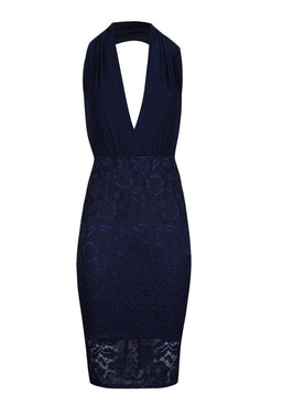 Navy Lace Backless Halter Neck Dress