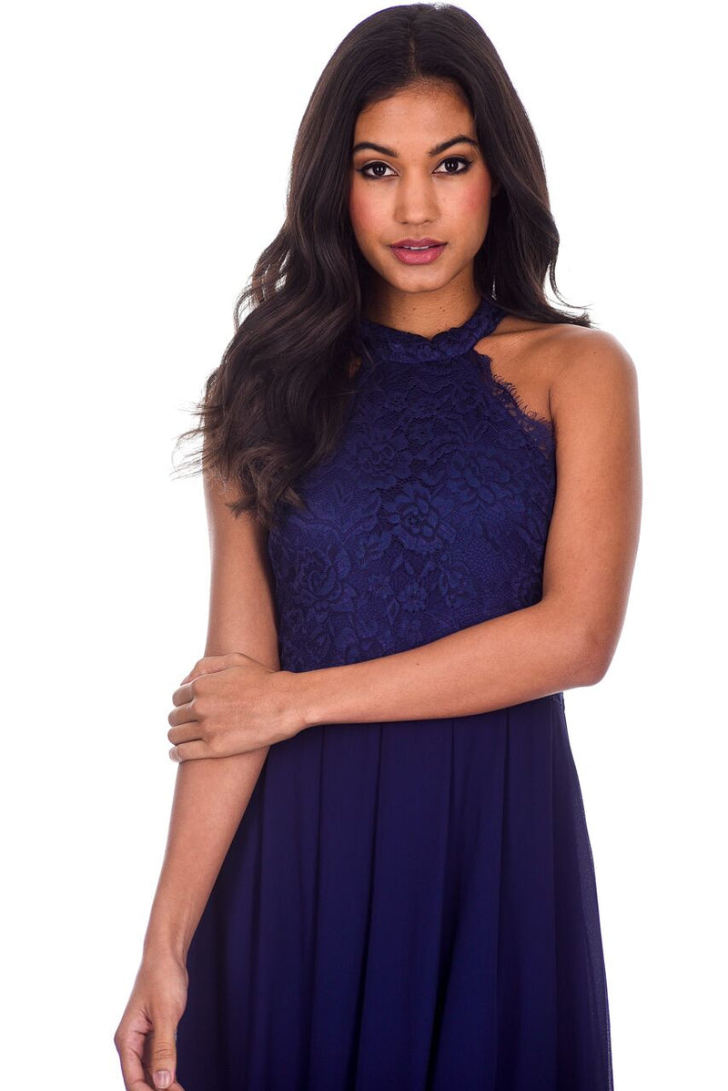 Navy Lace Choker Neck Maxi Dress