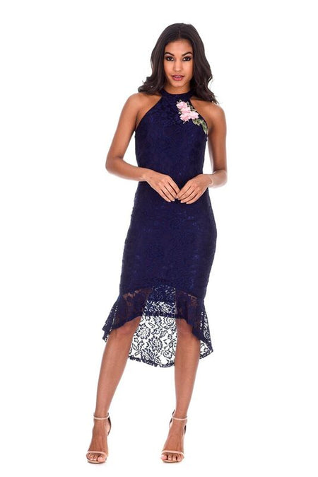 Navy Lace Choker Neck Midi Dress