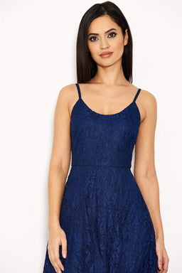 Navy Lace Dress With Waterfall Skirt