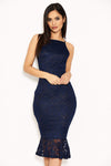 Navy Lace Fishtail Midi Dress