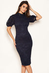 Navy Lace High Neck Puff Sleeve Midi Dress