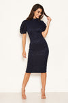 Navy Lace High Neck Puff Sleeve Midi Dress