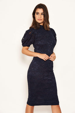 Navy Lace High Neck Puff Sleeve Midi Dress