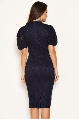 Navy Lace High Neck Puff Sleeve Midi Dress