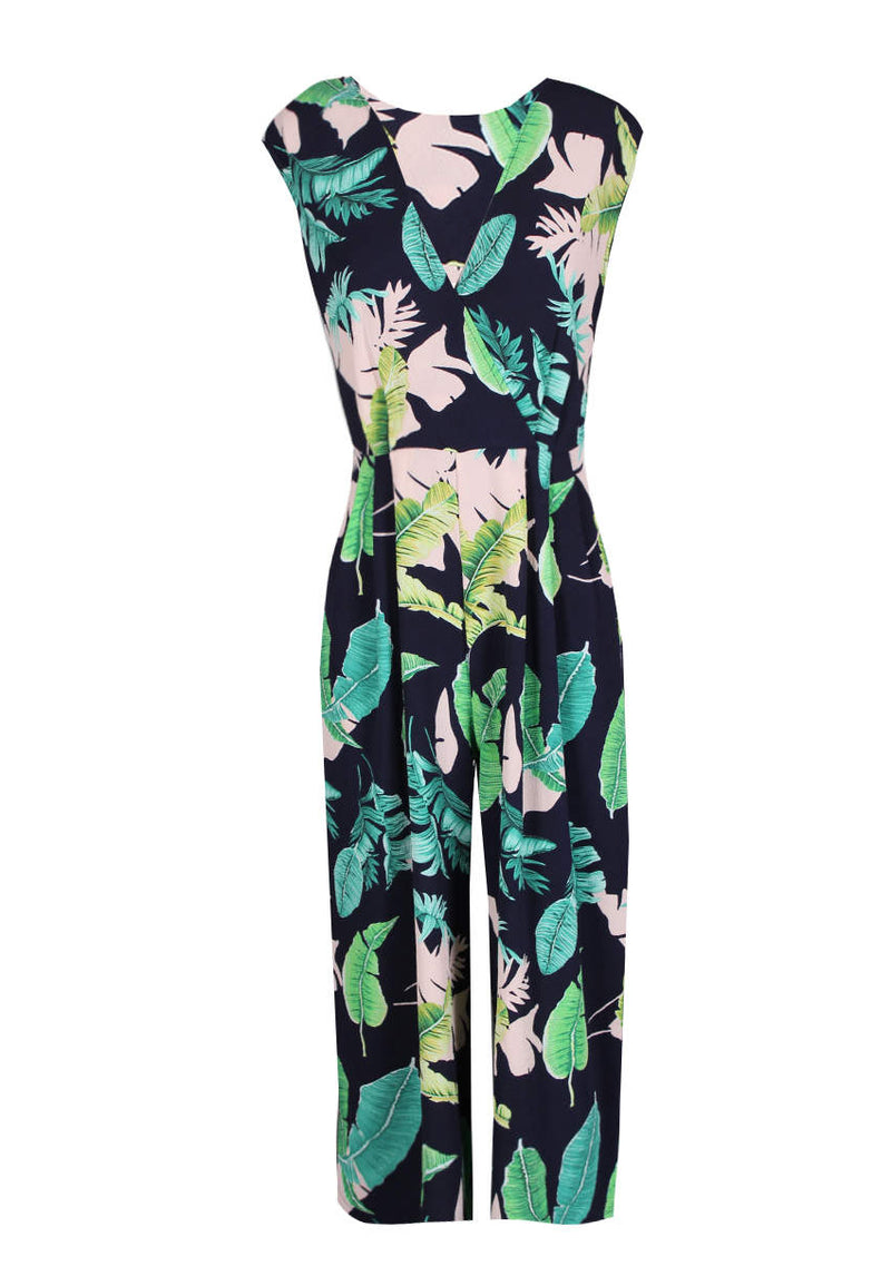 Navy Leaf Print Wrap Front Jumpsuit