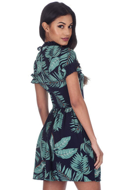 Navy Leaf Printed Mini Dress