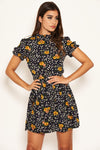 Navy Mixed Floral Frilled Skater Dress