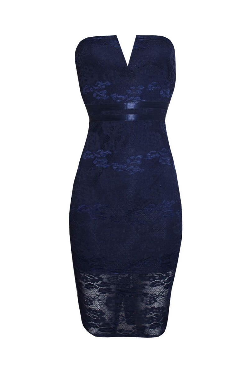 Navy Notch Front Lace Bodycon Midi Dress