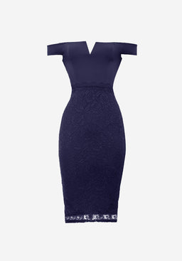 Navy Notch Front Lace Detail Midi Dress