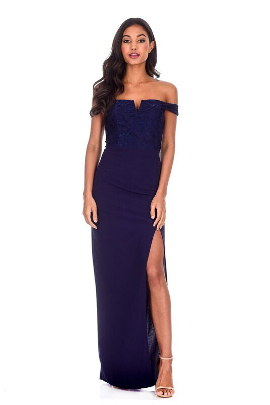 Navy Notch Front Off The Shoulder Maxi dress