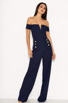 Navy Off The Shoulder Jumpsuit With Military Button Detail