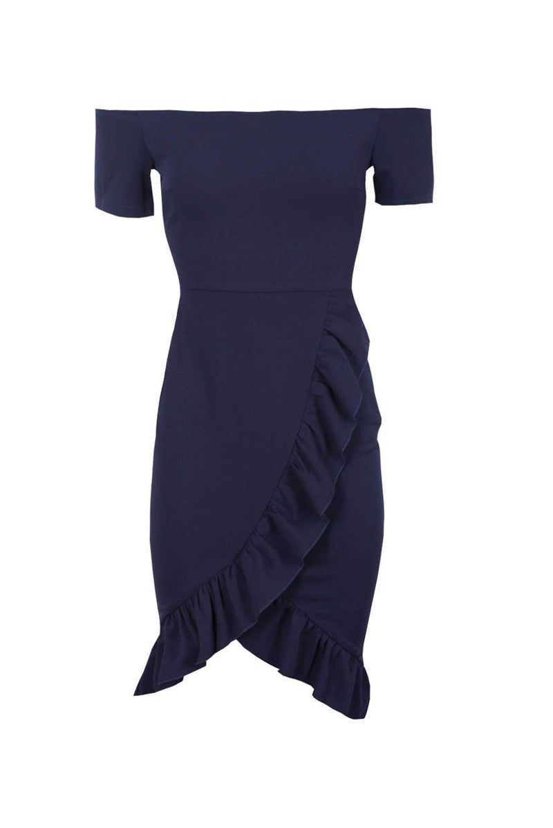 Navy Off The Shoulder Frill Detail Bodycon Dress