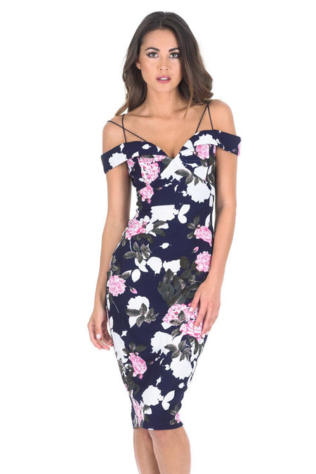 Navy Off Shoulder Floral Bodycon Midi Dress
