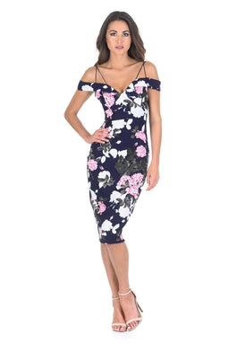 Navy Off Shoulder Floral Bodycon Midi Dress