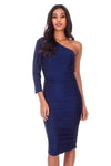 Navy One Sleeve Slinky Midi Dress