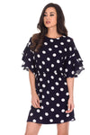 Navy Polka Dot Frill Sleeve Dress