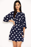 Navy Polka Dot Wrap Mini Dress With Tie Front