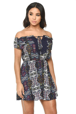 Navy Printed Dress With Lace Detail