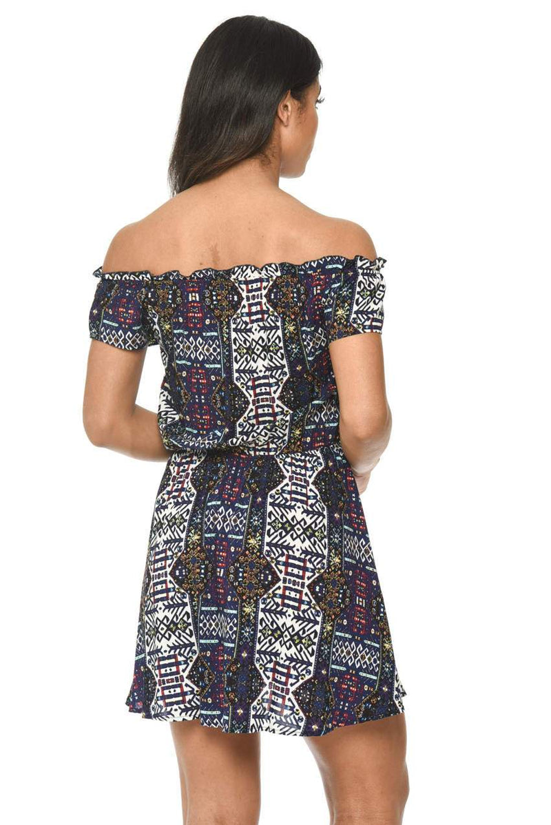 Navy Printed Dress With Lace Detail