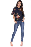 Navy Printed Flared Sleeve Top