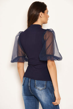 Navy Puff Sleeve Knitted Top