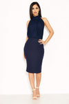 Navy Ruched Front Halterneck Dress