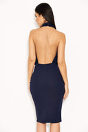 Navy Ruched Front Halterneck Dress