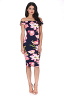 Navy Ruffle Bardot Floral Midi Dress