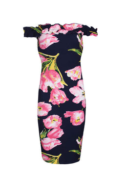 Navy Ruffle Bardot Floral Midi Dress