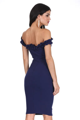 Navy Ruffle Bardot Midi Dress