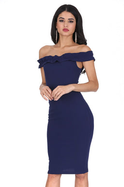 Navy Ruffle Bardot Midi Dress