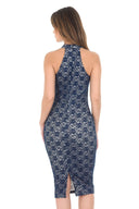 Navy Strappy Bodycon Lace Dress With Nude Underlay