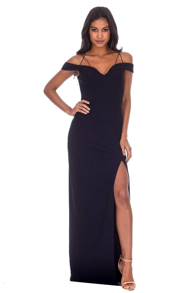 Navy Strappy Off The Shoulder Side Split Maxi Dress