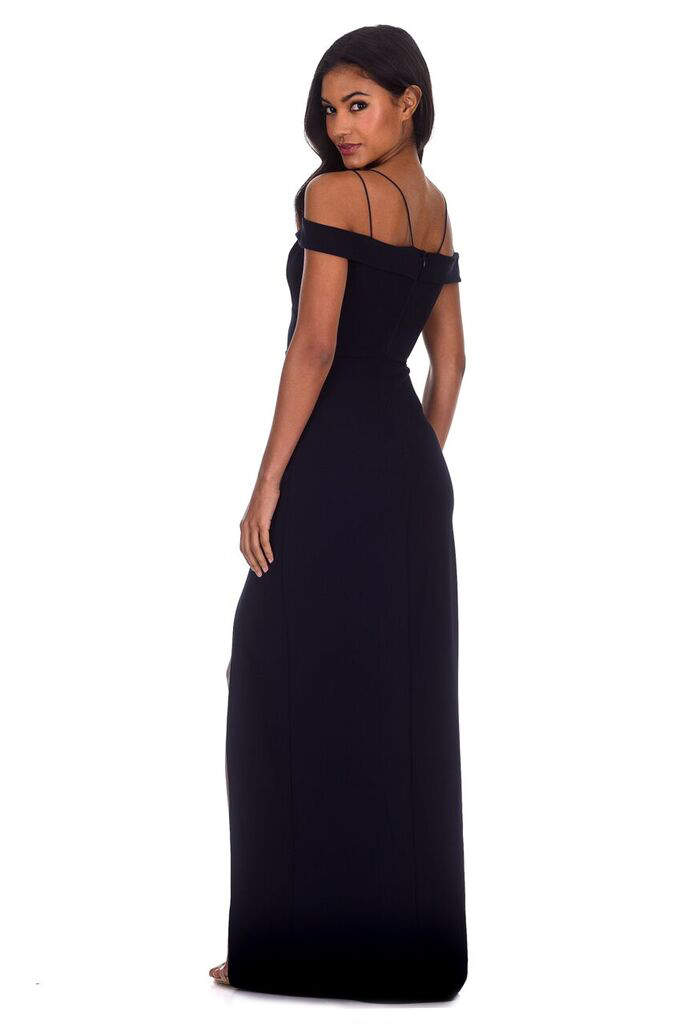 Navy Strappy Off The Shoulder Side Split Maxi Dress