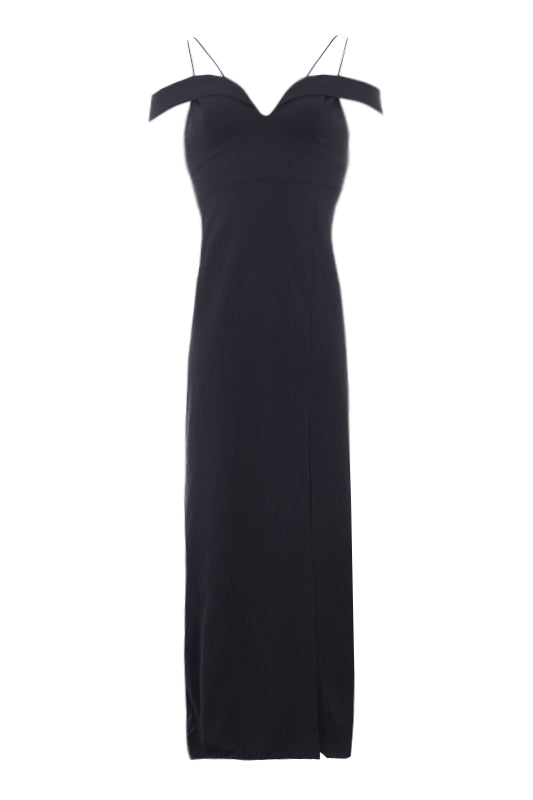 Navy Strappy Off The Shoulder Side Split Maxi Dress