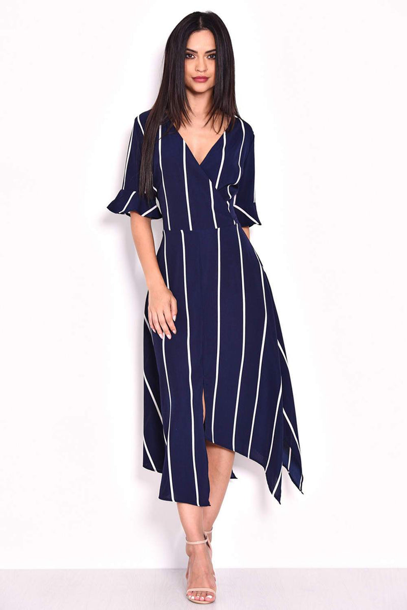 Navy Striped Asymmetric Hem Dress