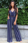 Navy Striped Crochet Detail Flared Leg Jumpsuit