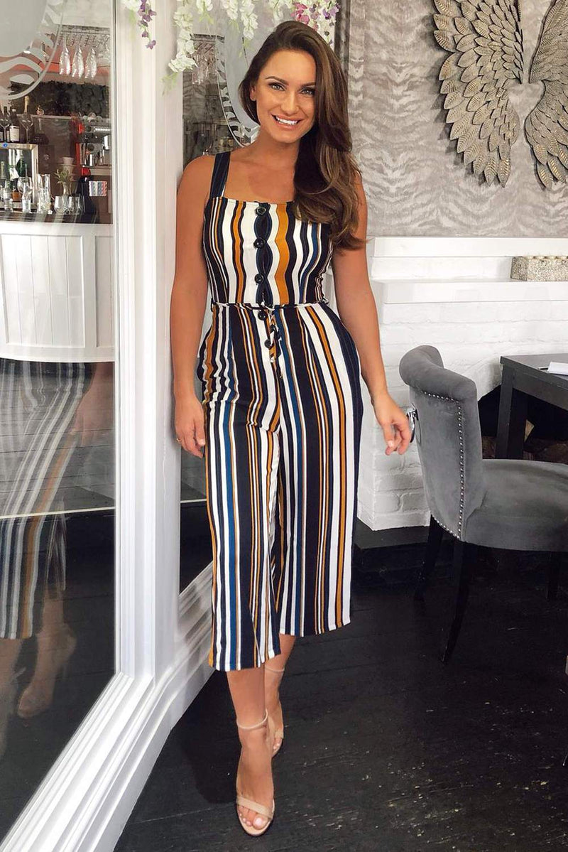 Navy Striped Button Front Jumpsuit