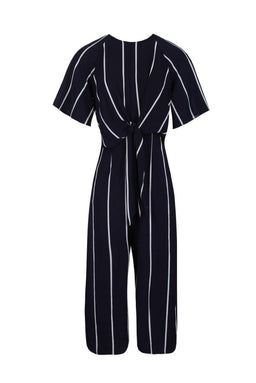 Navy Tie Front Striped Jumpsuit