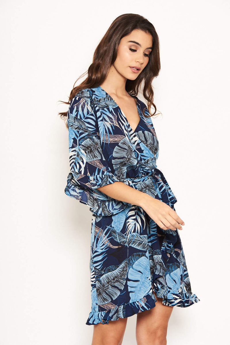Navy Tropical Print Wrap Dress