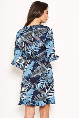 Navy Tropical Print Wrap Dress
