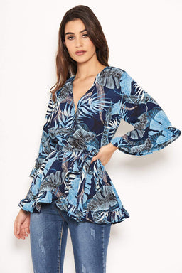Navy Tropical Print Wrap Top