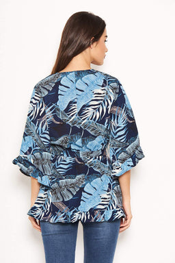 Navy Tropical Print Wrap Top