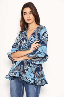 Navy Tropical Print Wrap Top